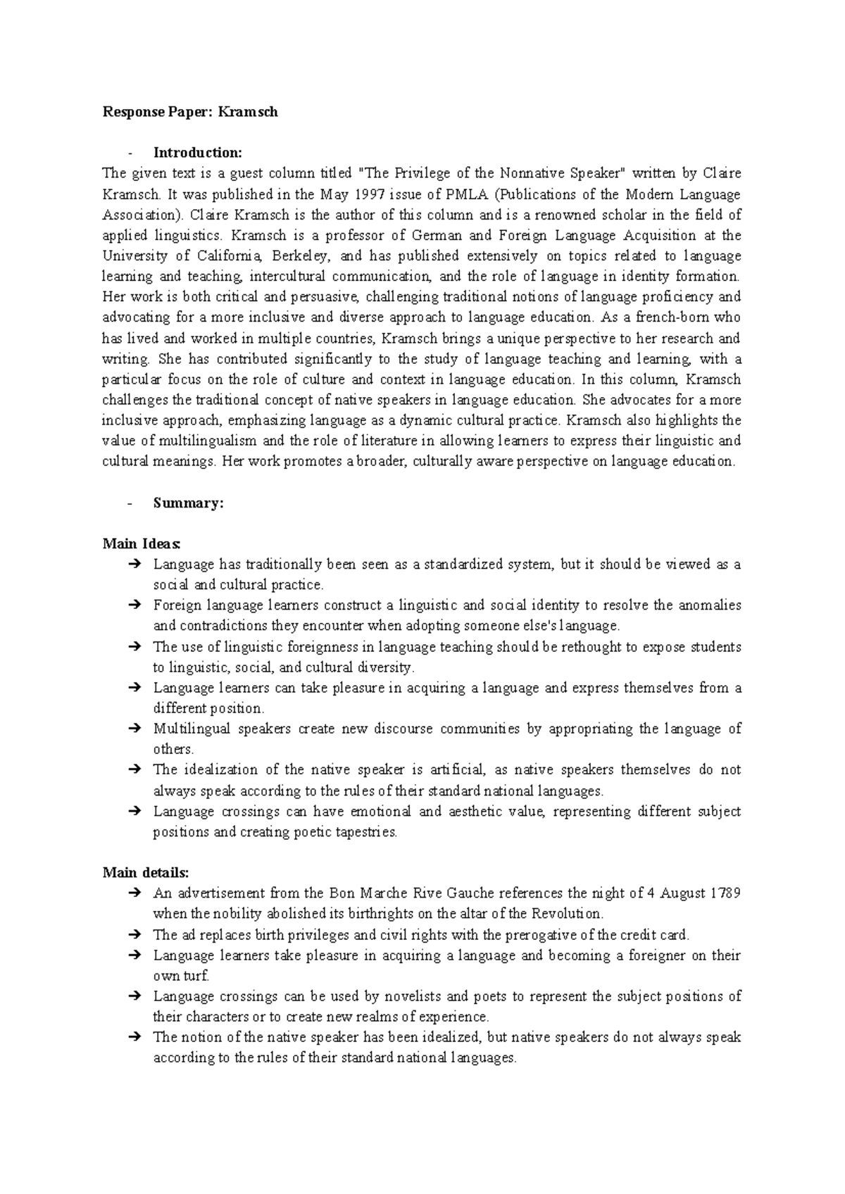 Response Paper: Kramsch's 
