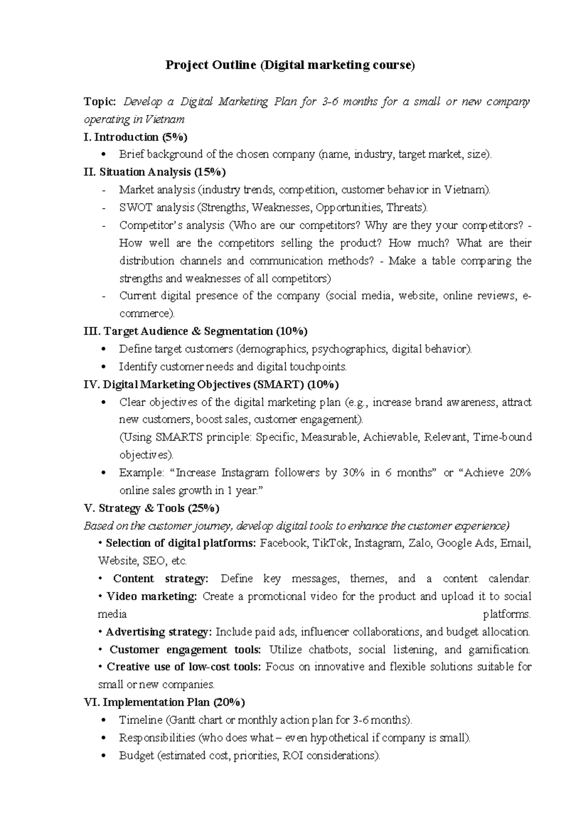 Digital Marketing Plan Project Outline (CBV Course) - Studocu