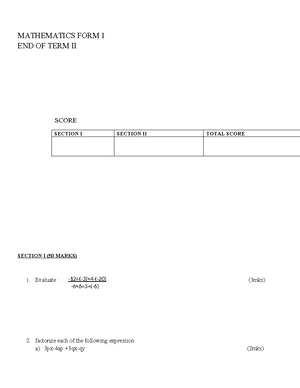 Mathematics FORM 1 1 - Assignment - - Studocu