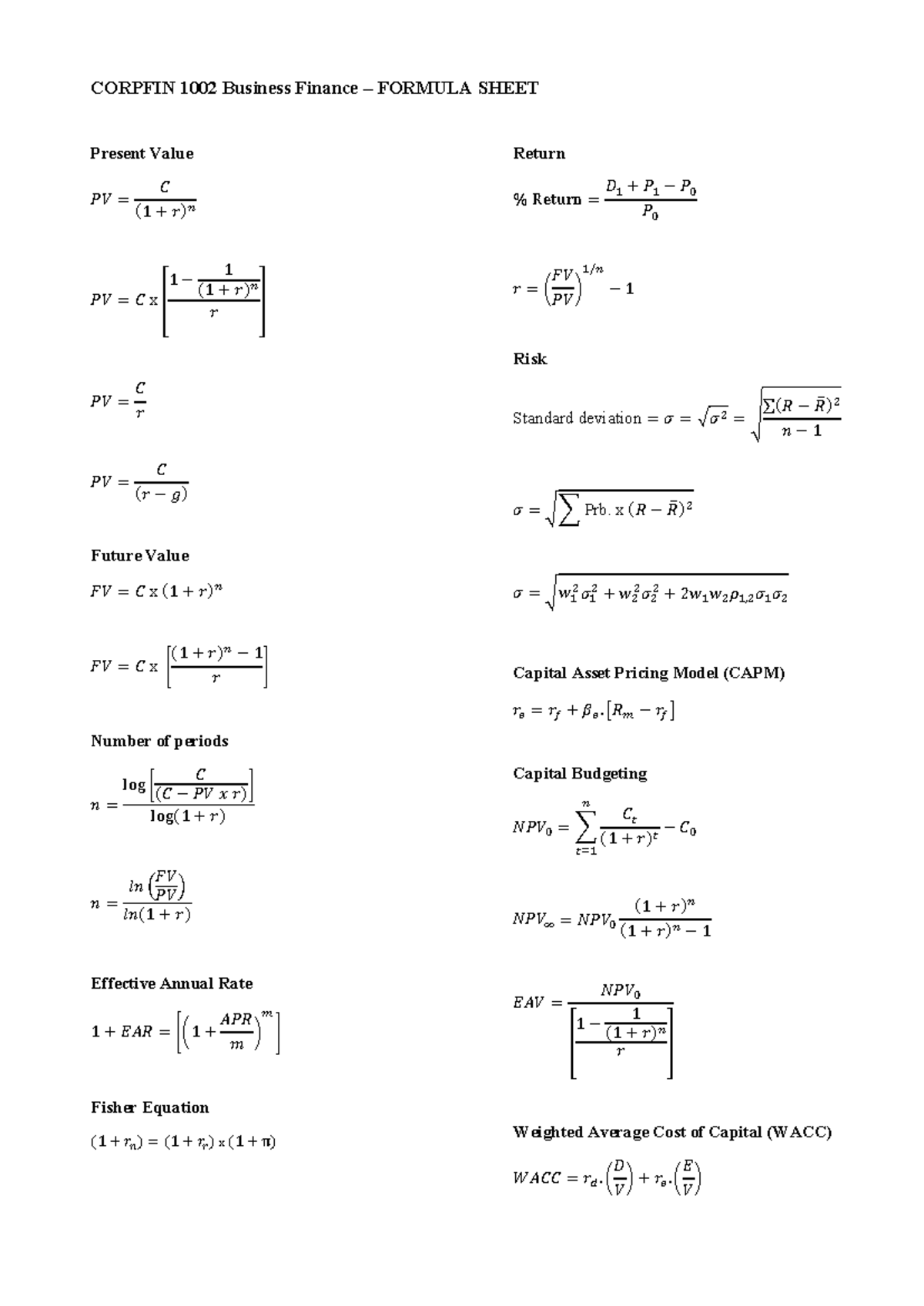 CORPFIN 1002 Business Finance - Comprehensive Formula Sheet - Studocu