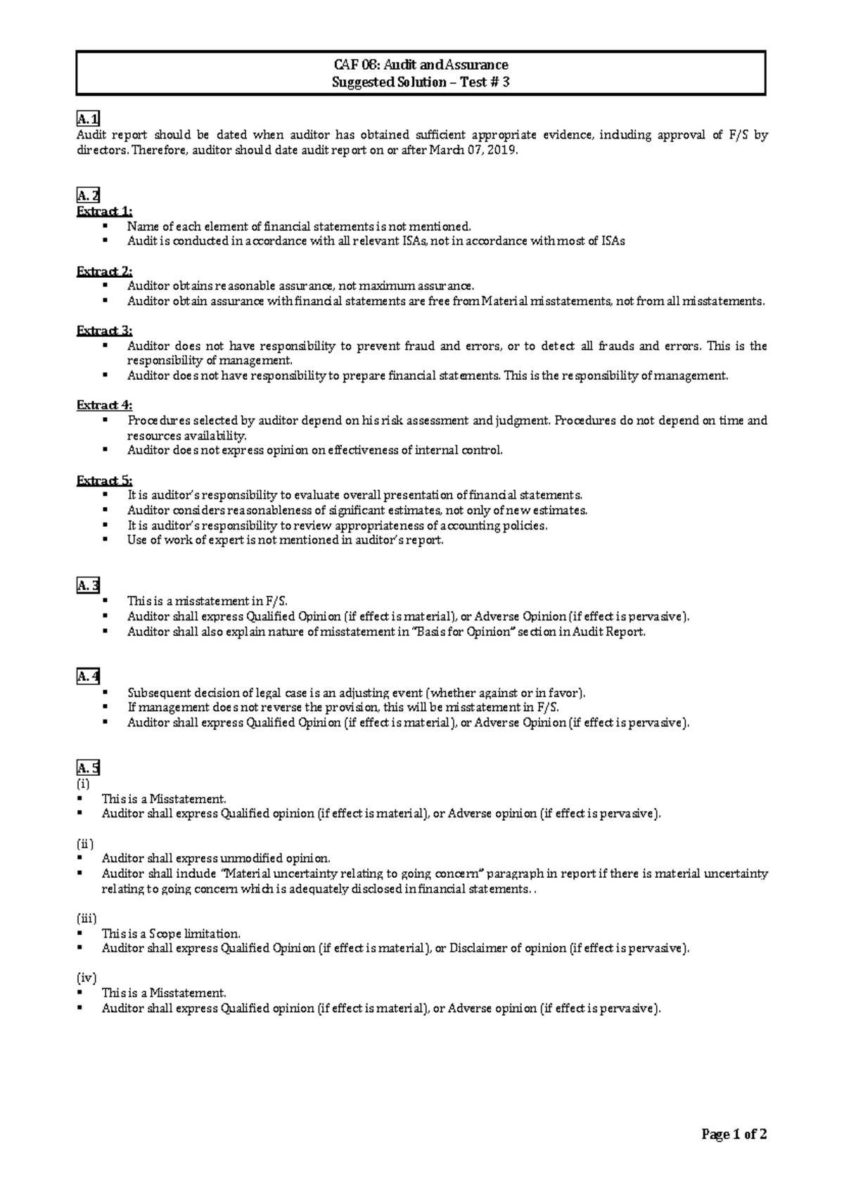 CAF 08: Audit and Assurance Test 3 Suggested Solutions and Insights ...