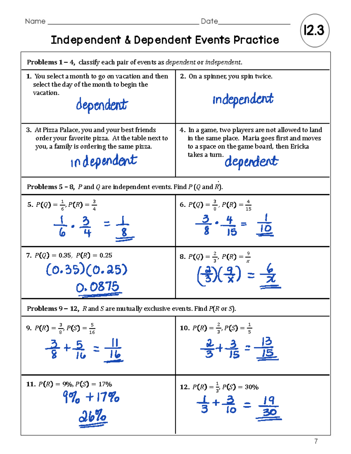 12.3 Independent & Dependent Events Practice Problems Solutions - Studocu