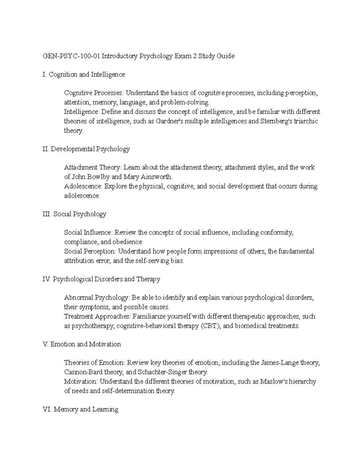 GEN-PSYC-100-01 Exam 2 Study Guide: Key Concepts and Topics - Studocu