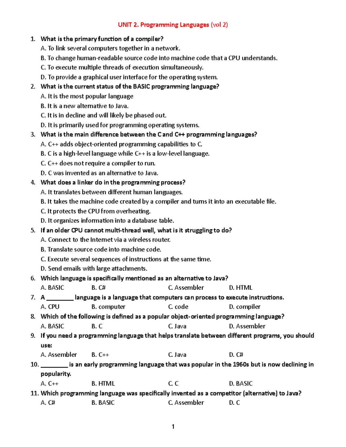 Vol 2. Unit 2 - Programming Languages Study Guide - Studocu