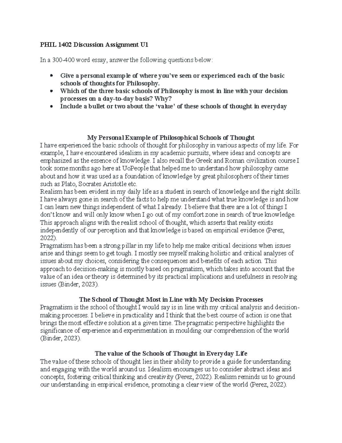 PHIL 1402 Discussion Assignment U1: Personal Reflections on Philosophy ...