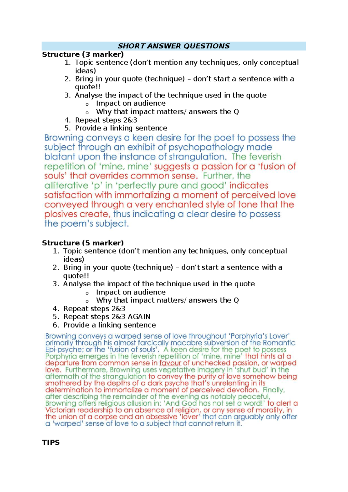 ENG Notes T3: Short Answer Questions Structure & Tips - Studocu