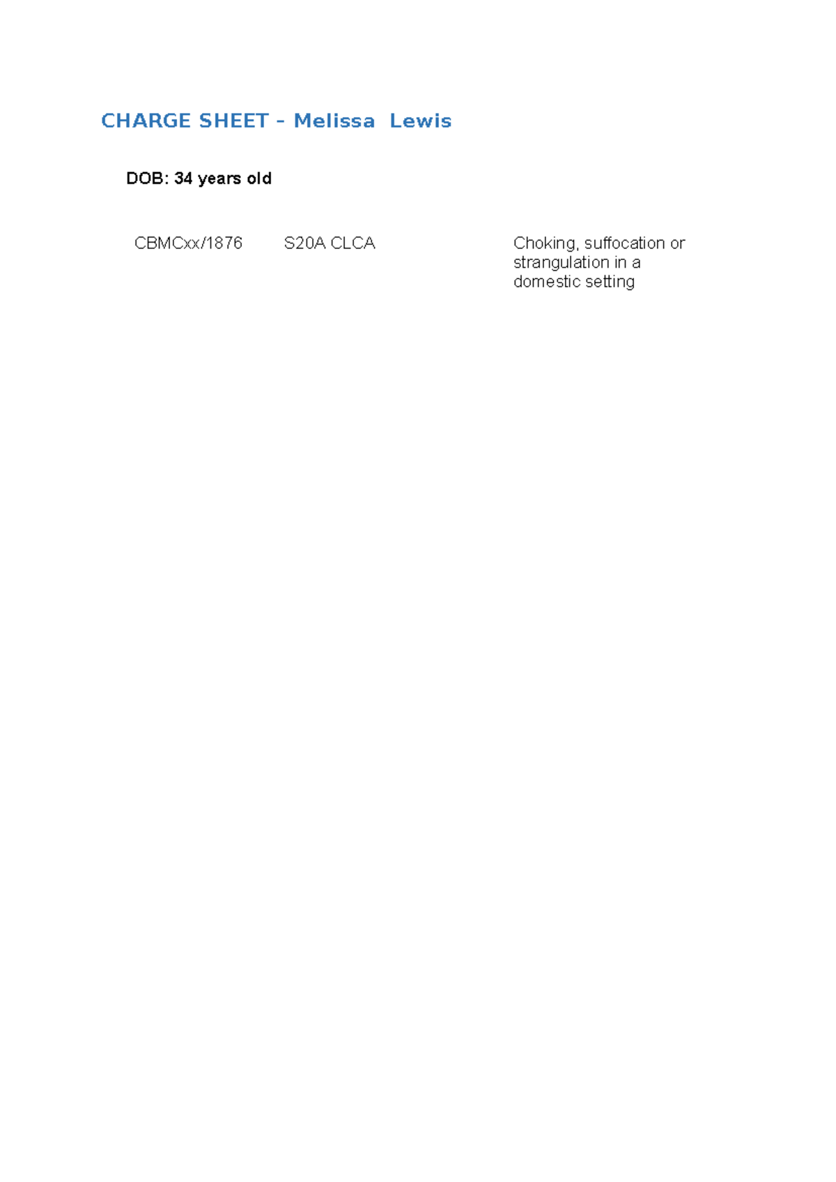 Bail Application for Melissa Lewis: Choking Incident (S20A CLCA) - Studocu