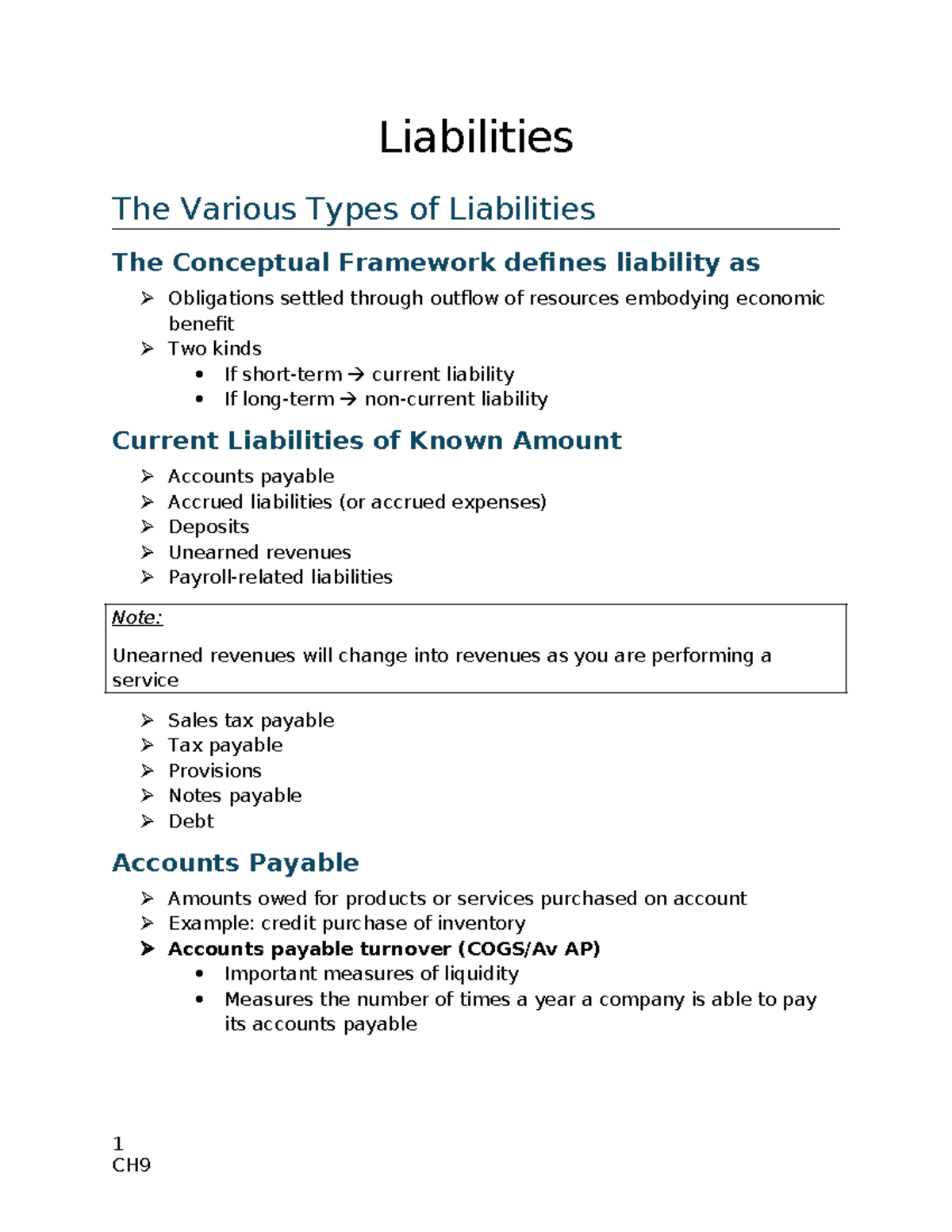 CH9 - Summary of Liabilities and Their Types in Accounting - Studocu
