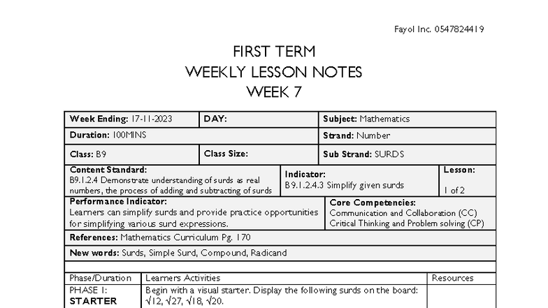 B9 Mathematics First Term Weekly Lesson Notes - Week 7 - Studocu
