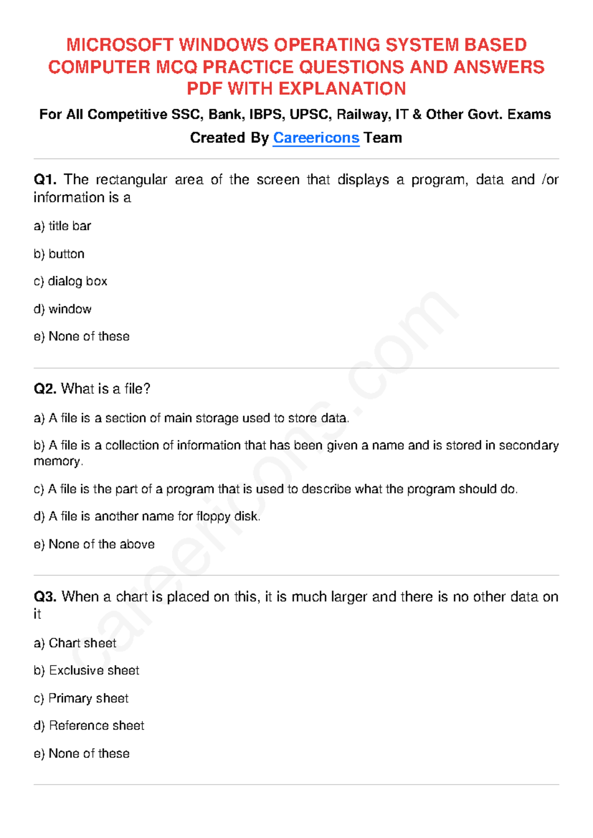 351 MS Windows OS MCQs Set 1: Questions, Answers & Explanations PDF ...