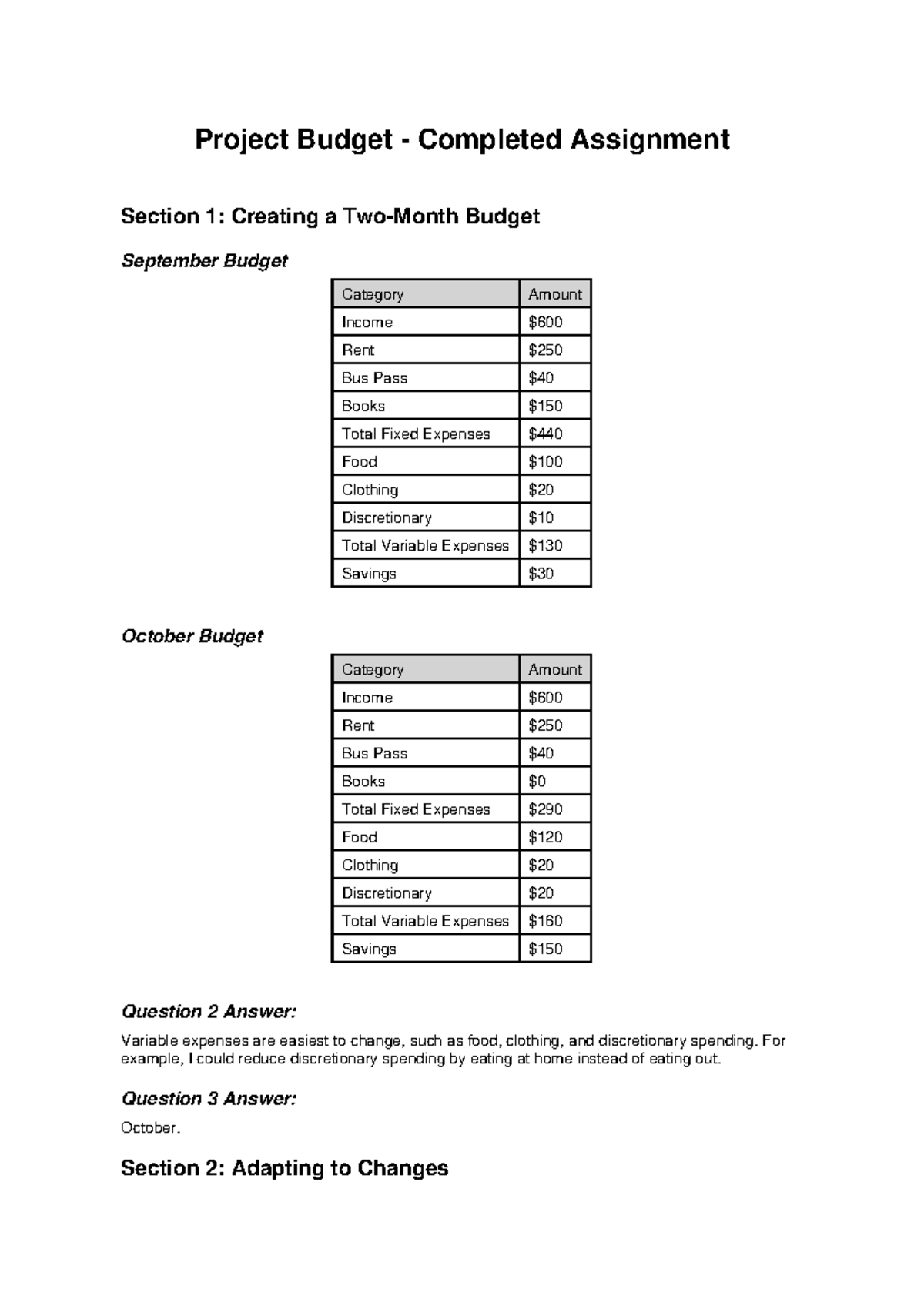 Project Budget Assignment: September & October Analysis - Studocu