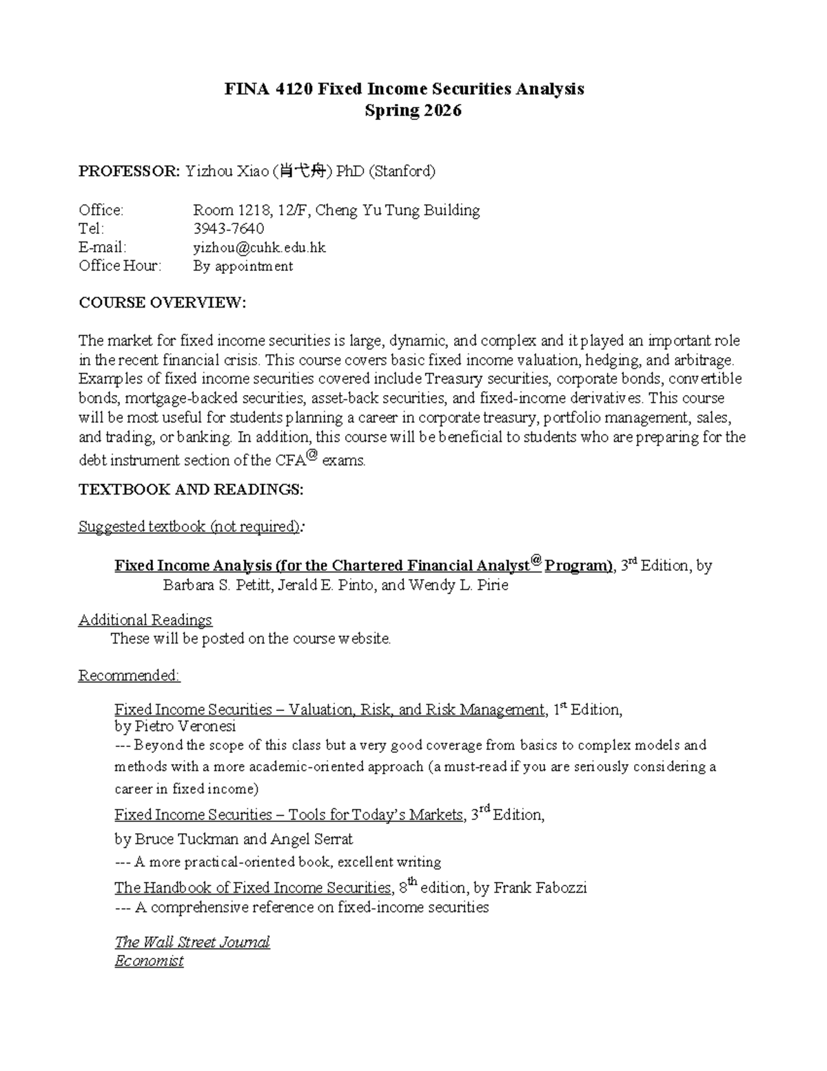 FINA 4120 Fixed Income Securities Analysis Spring 2026 Course Outline ...