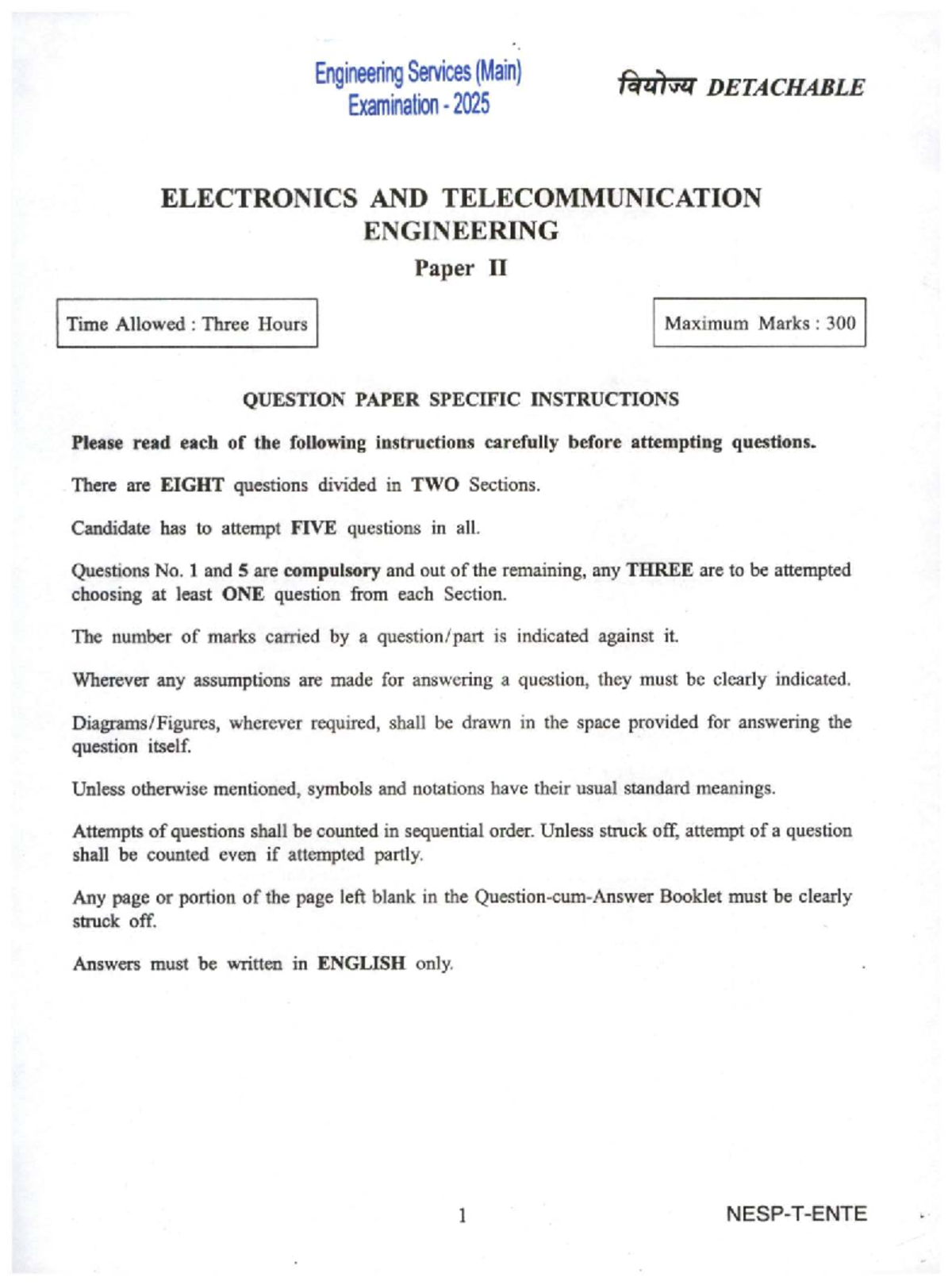 Electronics and Telecommunication Engineering Paper II - Exam 2025 ...