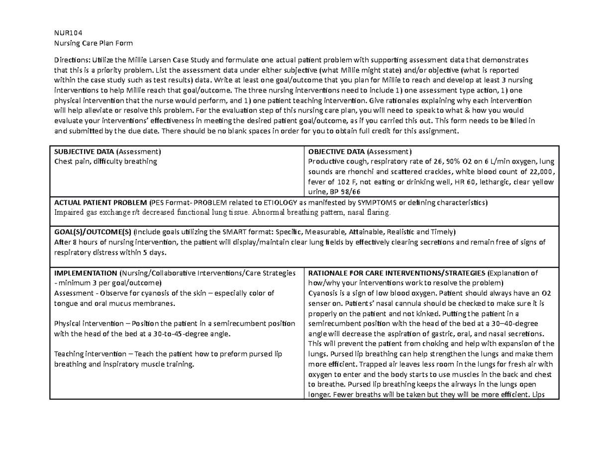 NUR104 Module 7 Nursing Plan Care Form unlocked - NUR Nursing Care Plan ...