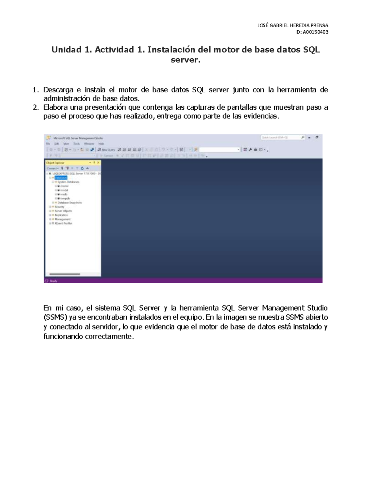 Instalación del Motor de Base de Datos SQL Server - Unidad 1 Actividad ...