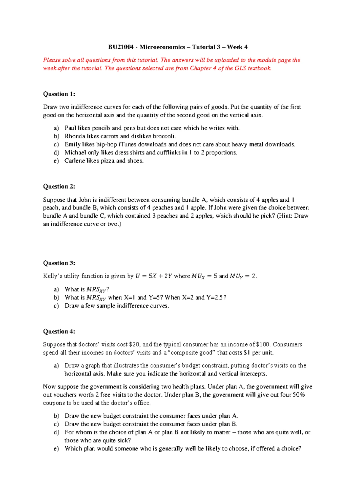 BU21004 Microeconomics - Tutorial 7 Qs for Week 8 Discussion - Studocu