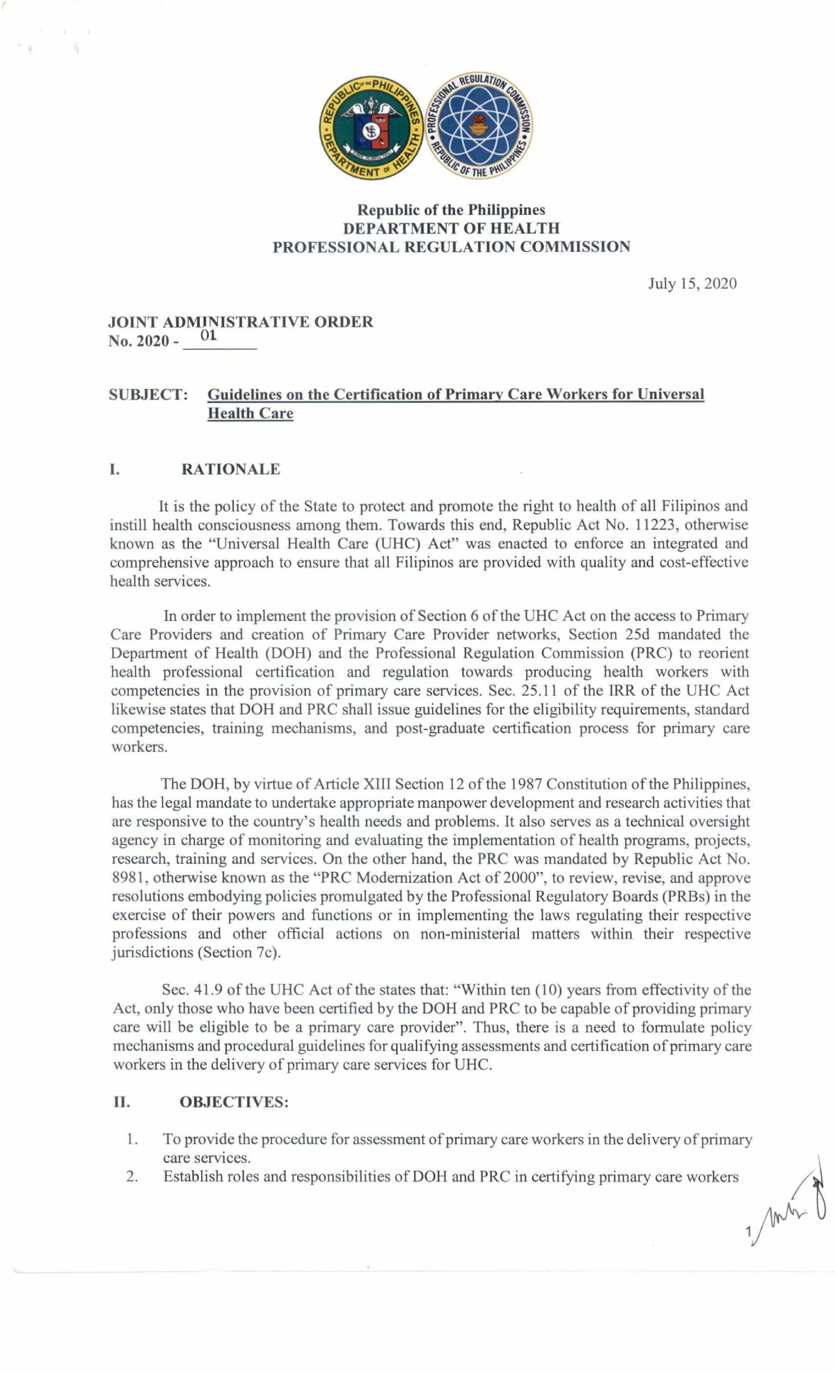 Guidelines on the Certification of Primary Care Workers (Jao2020-01 ...