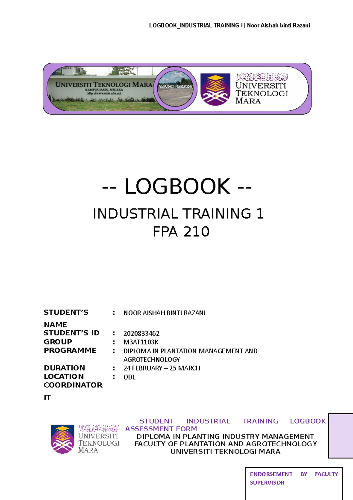 Logbook Week 1 Report for FPA 210 - Industrial Training Documentation ...