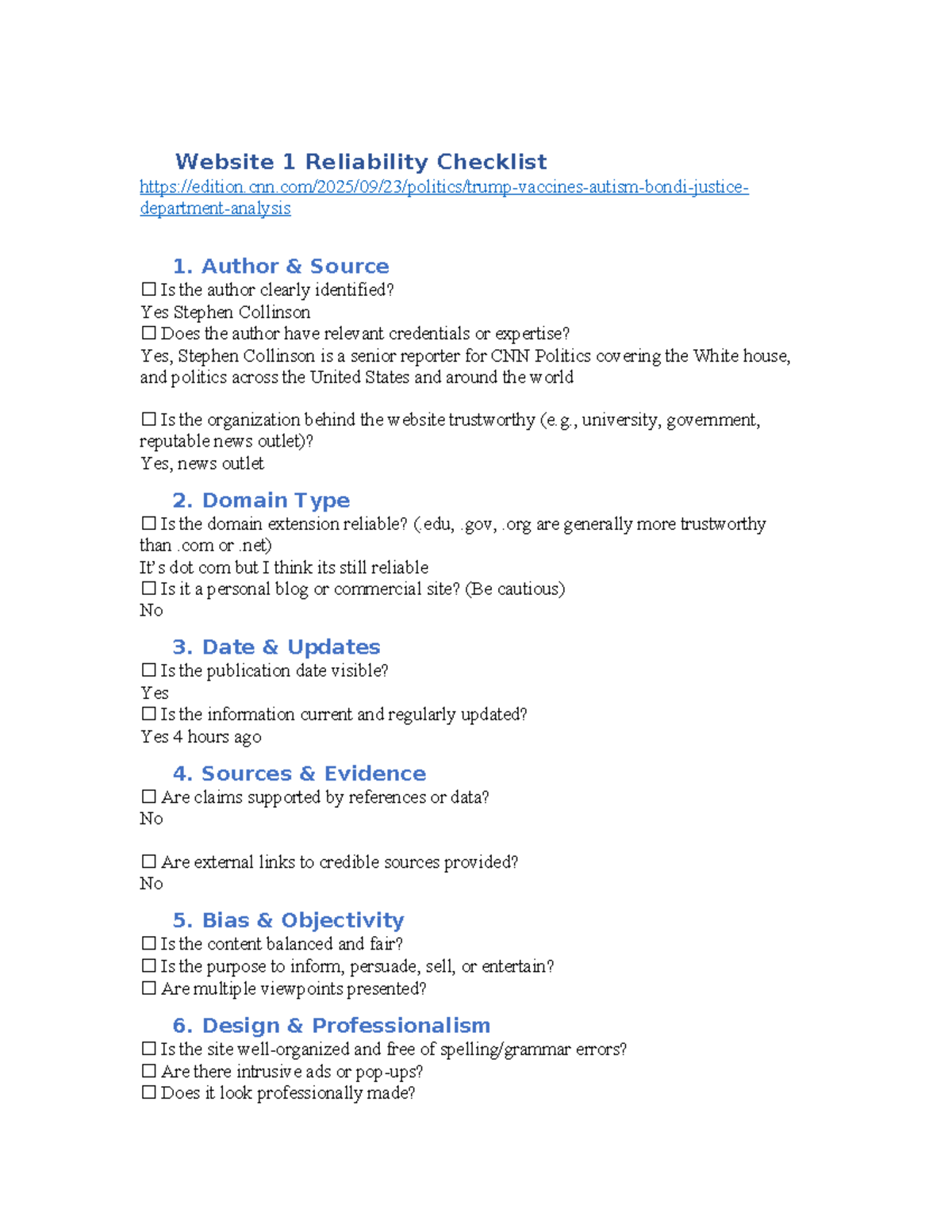 Website 1 Reliability Checklist: Evaluating Trustworthiness - Studeersnel