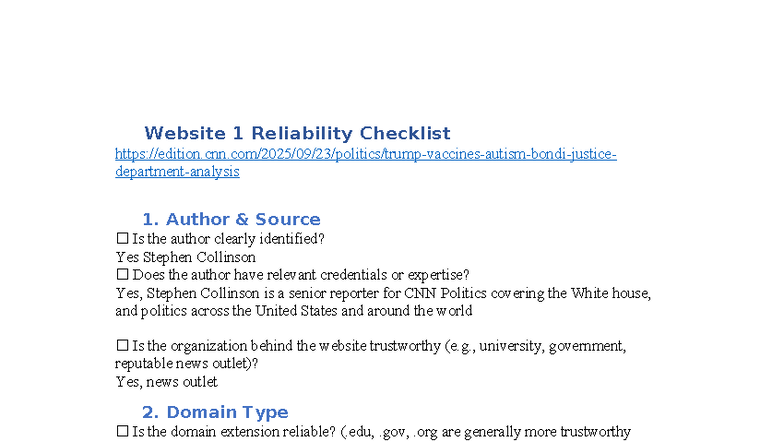 Website 1 Reliability Checklist: Evaluating Trustworthiness - Studeersnel