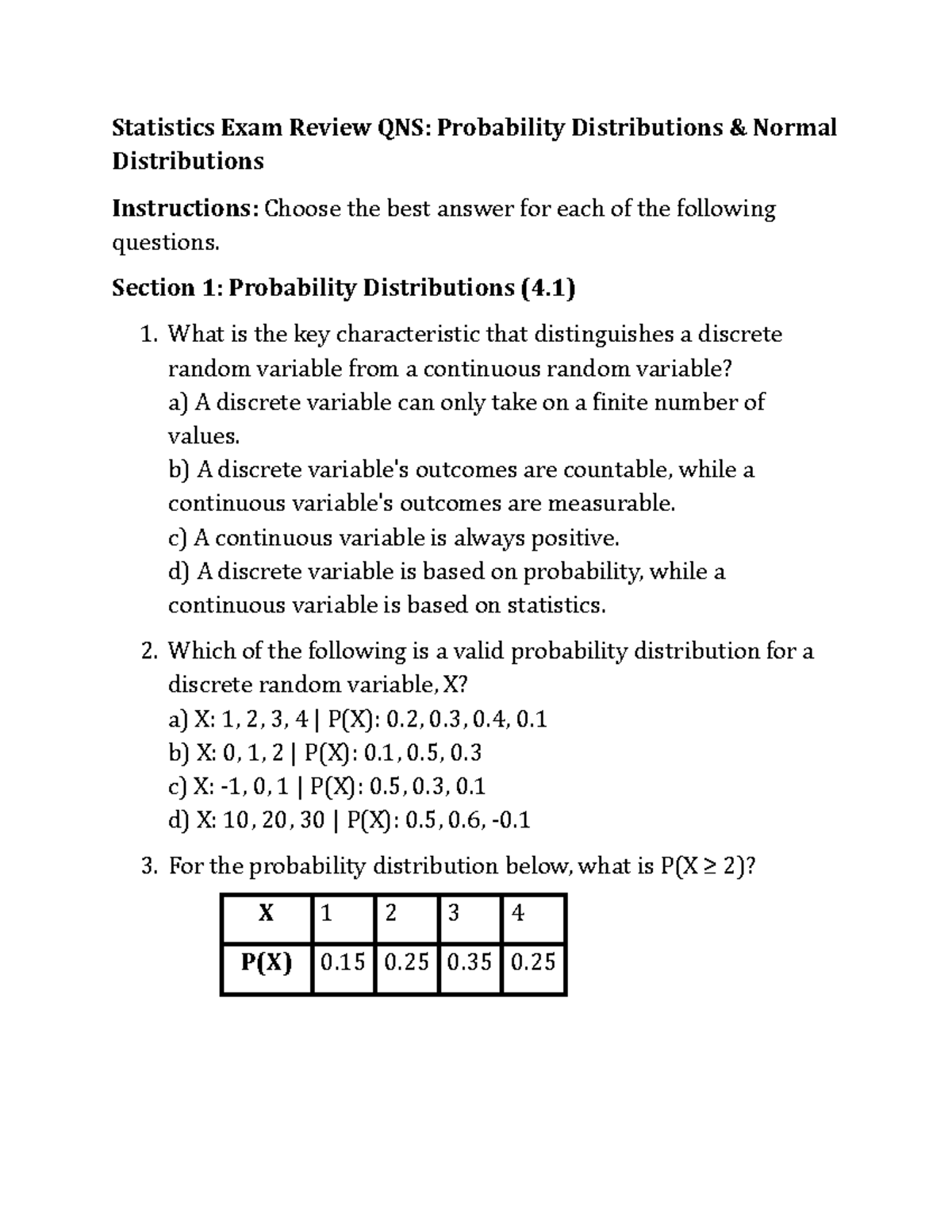 Statistics Exam Review QNS: Probability & Normal Distributions - Studocu