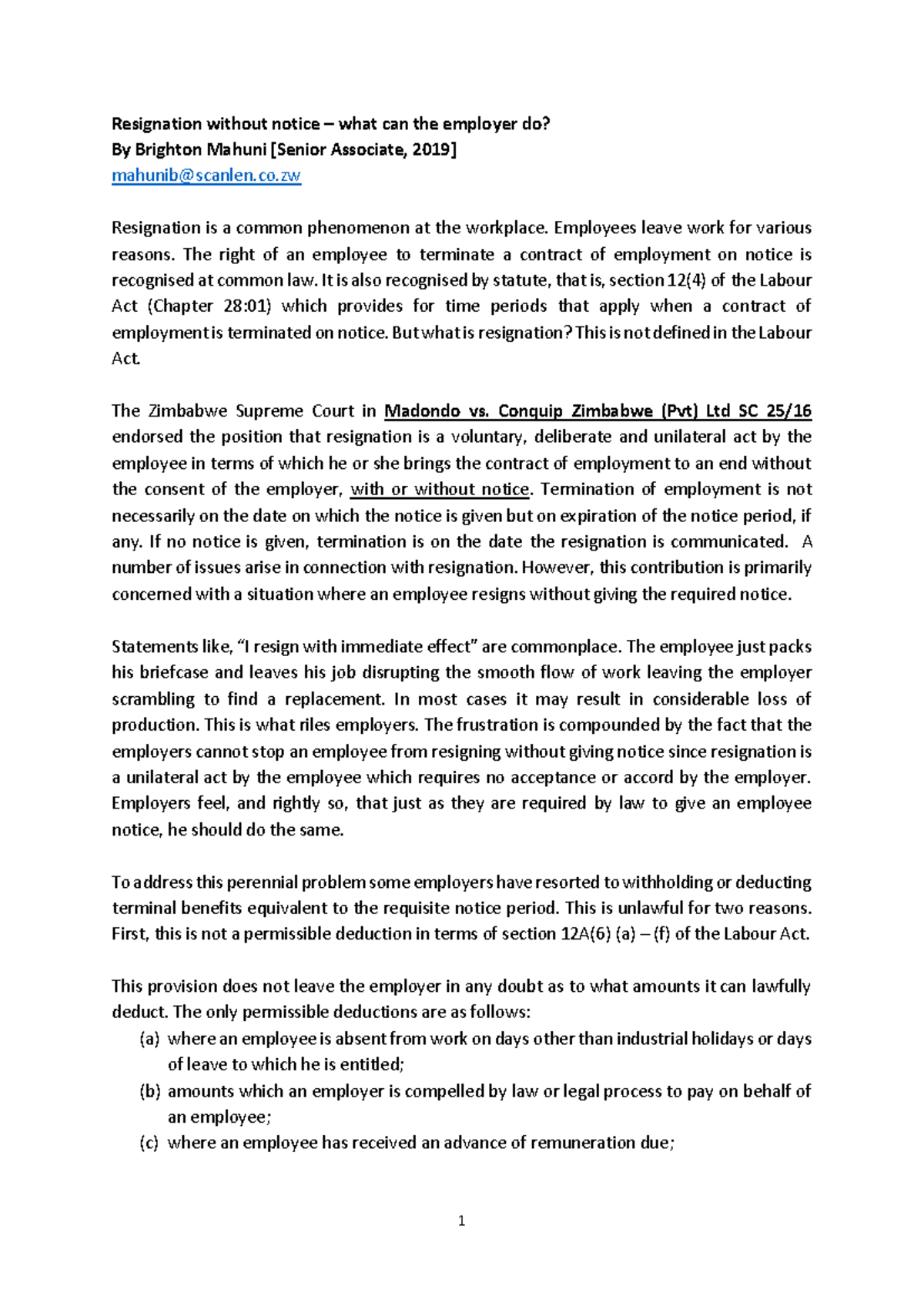 Legal Implications of Resignation Without Notice - B Mahuni - Studocu
