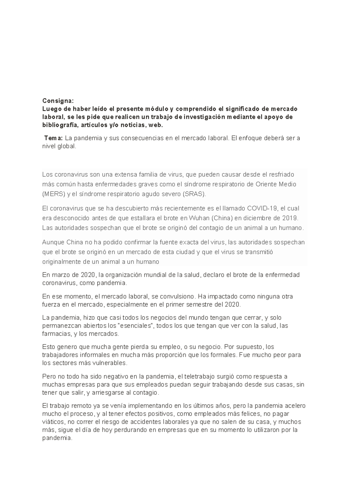 Actividad N°1: Impacto de la Pandemia en el Mercado Laboral Global ...