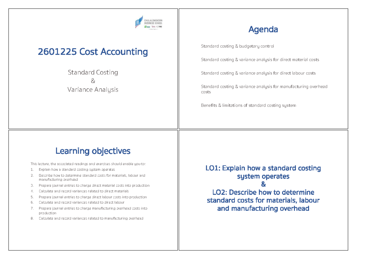 Agenda 2601225: Standard Costing & Variance Analysis Lecture Notes ...
