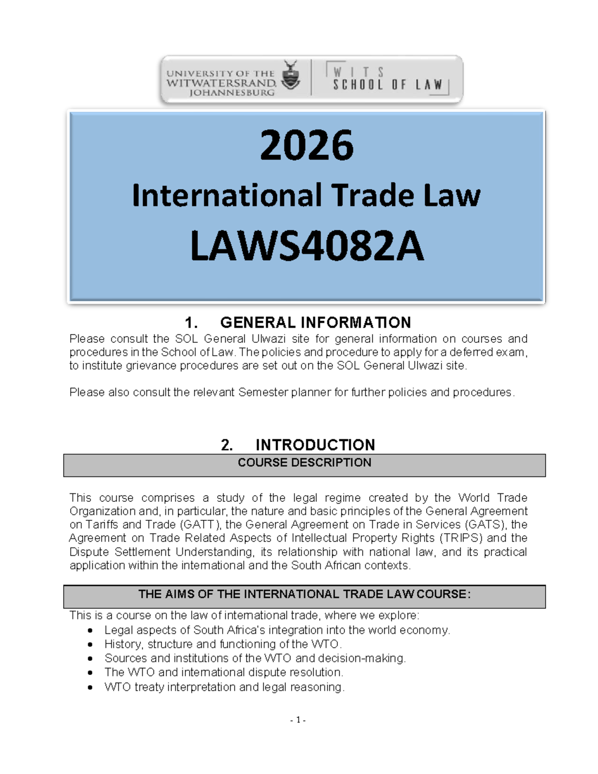 LAWS4082A - International Trade Law Course Overview - Studocu
