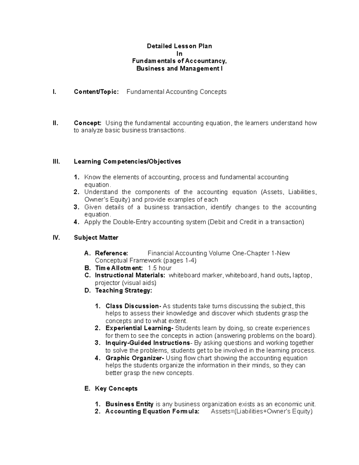 Detailed Lesson Plan: Fundamentals of Accountancy (Curr Dev) - Studocu