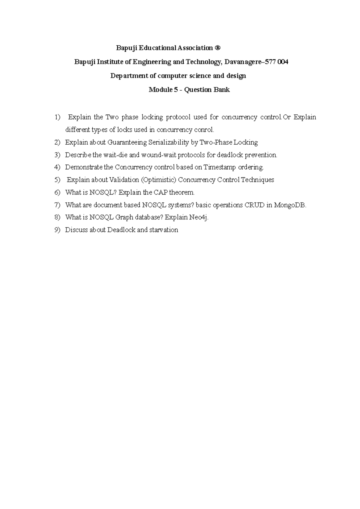 CS 004 Module 5 Question Bank: Concurrency Control & NoSQL Concepts ...