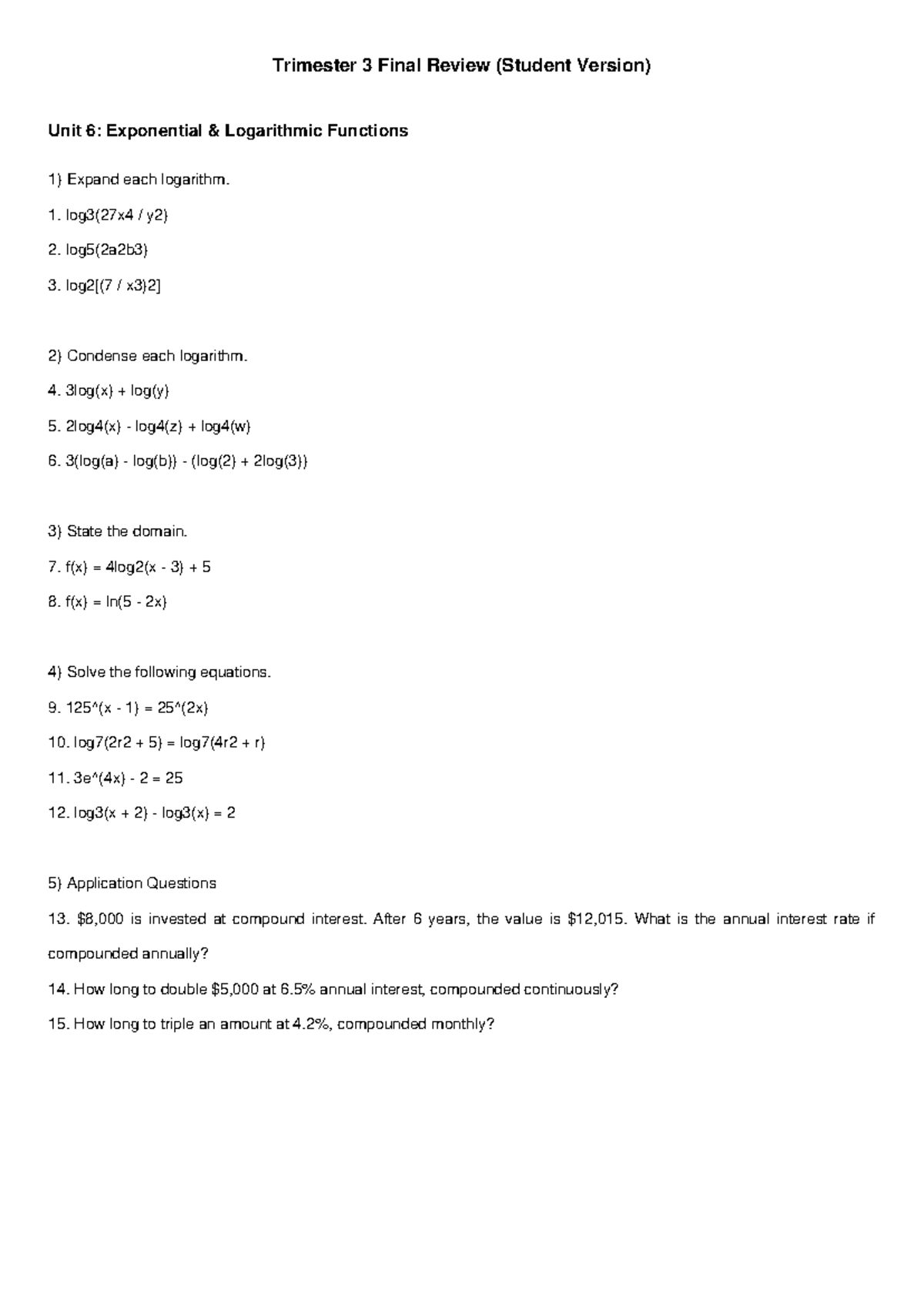 Trimester 3 Final Review: Exponential & Logarithmic Functions - Studocu