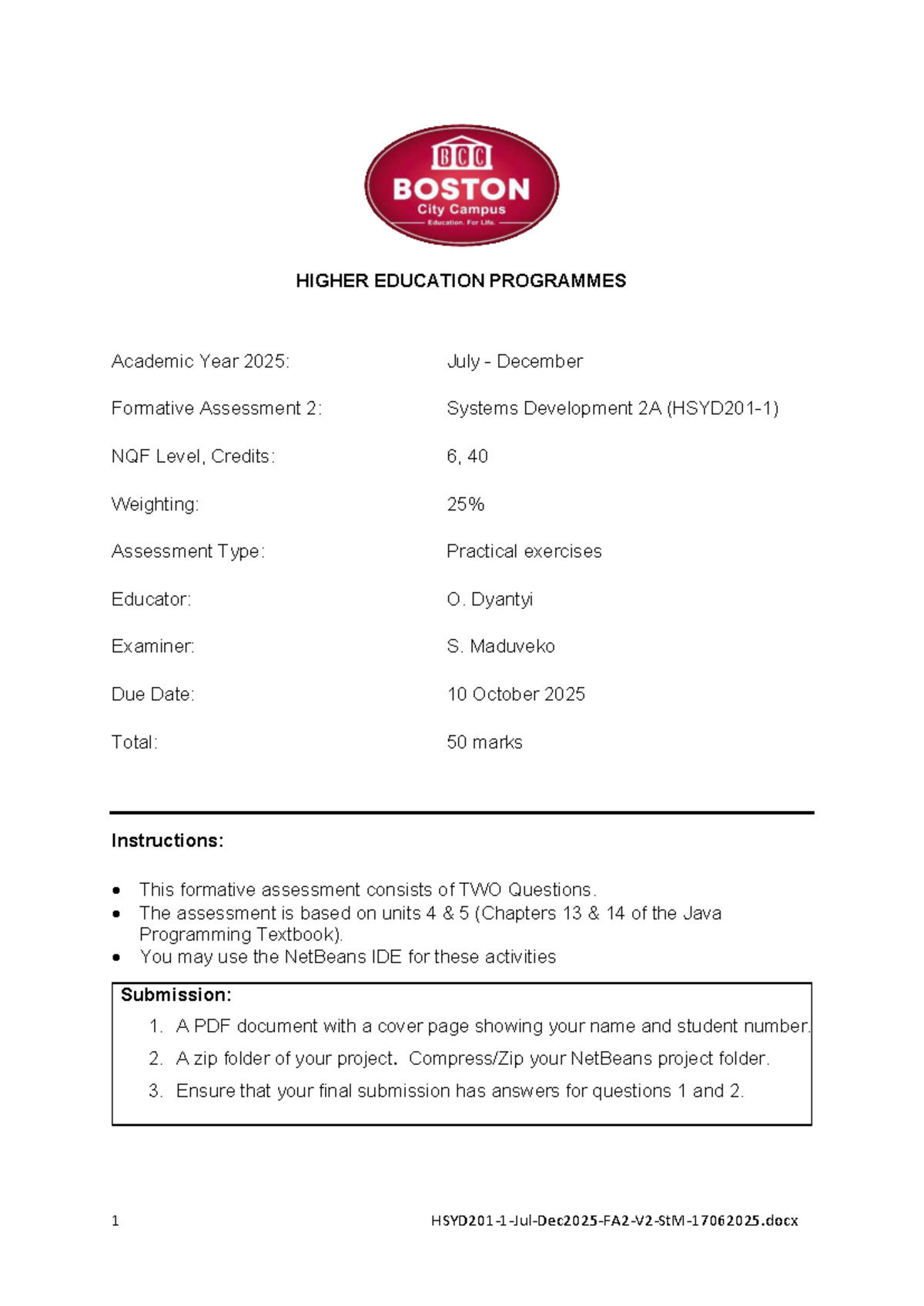 HSYD201: Jul-Dec 2025 FA2 - Systems Development 2A Project Guide - Studocu
