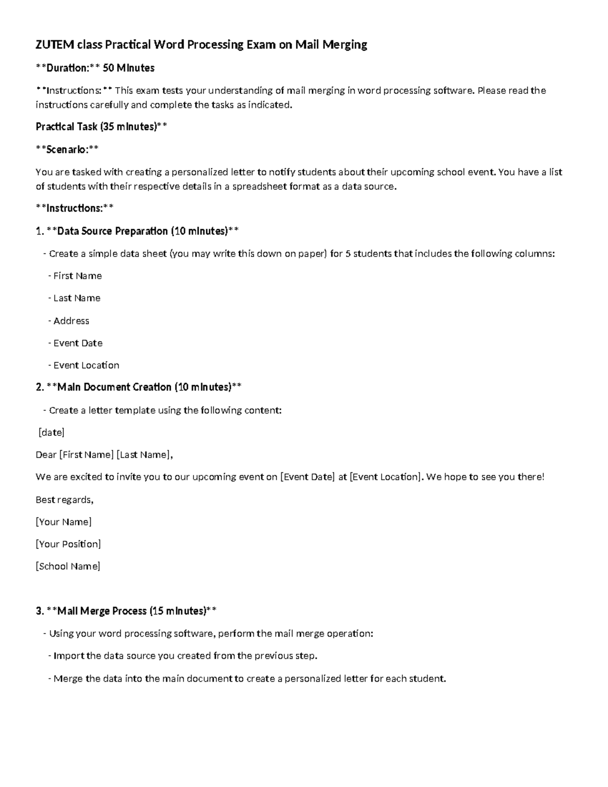 ZUTEM Practical Exam: Word Processing Mail Merge Instructions - Studocu