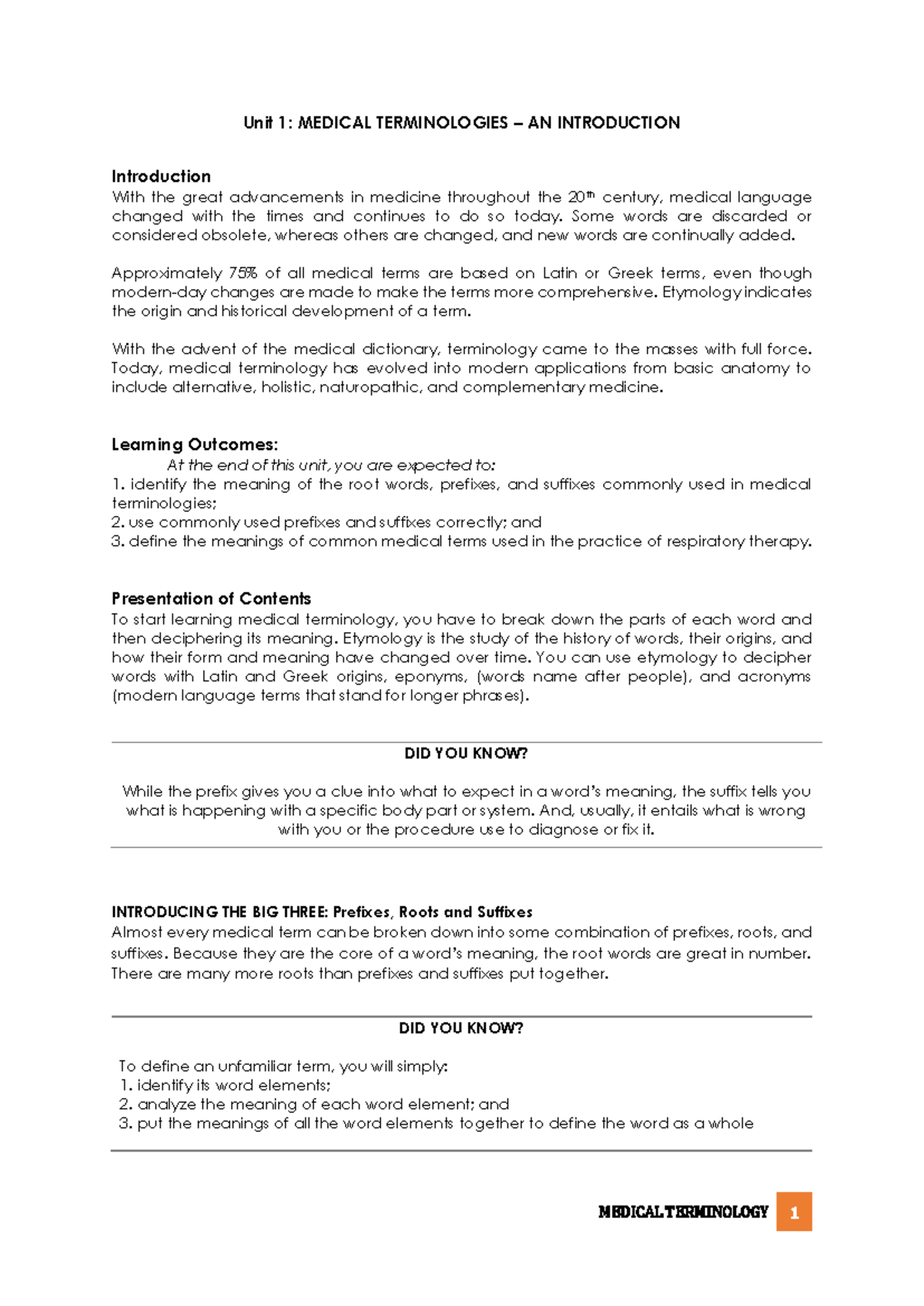 Medical Terminology Unit 1: An Introductory Guide to Key Concepts - Studocu