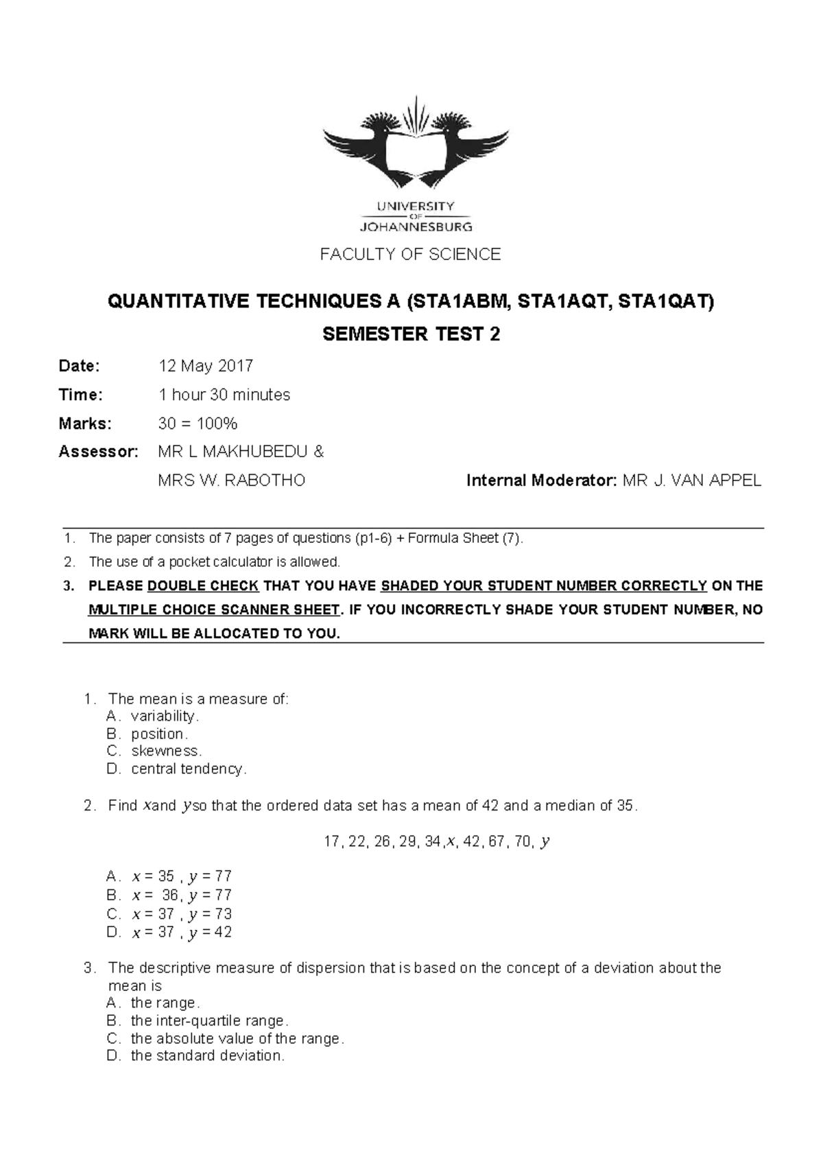 STA1ABM Quantitative Techniques A Semester Test 2 2017 - Studocu