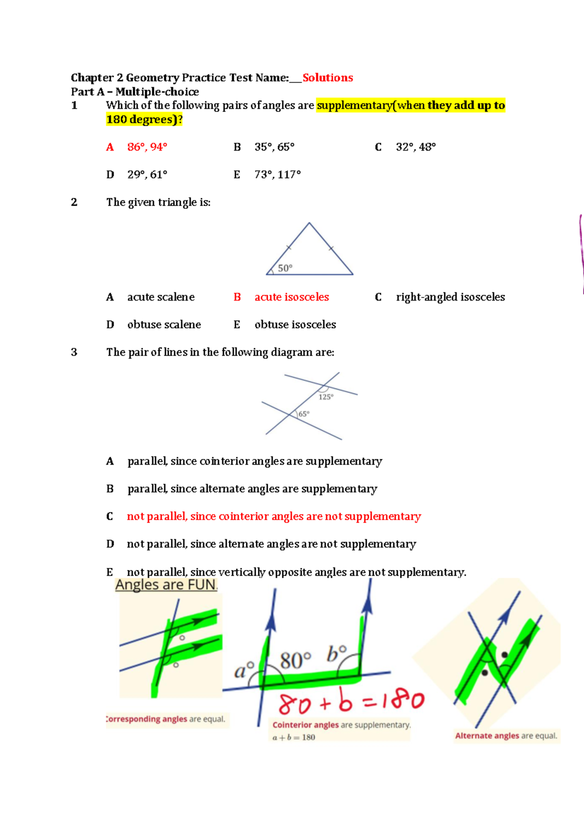 Chapter 2 Geometry Practice Test Answers: Supplementary Angles ...