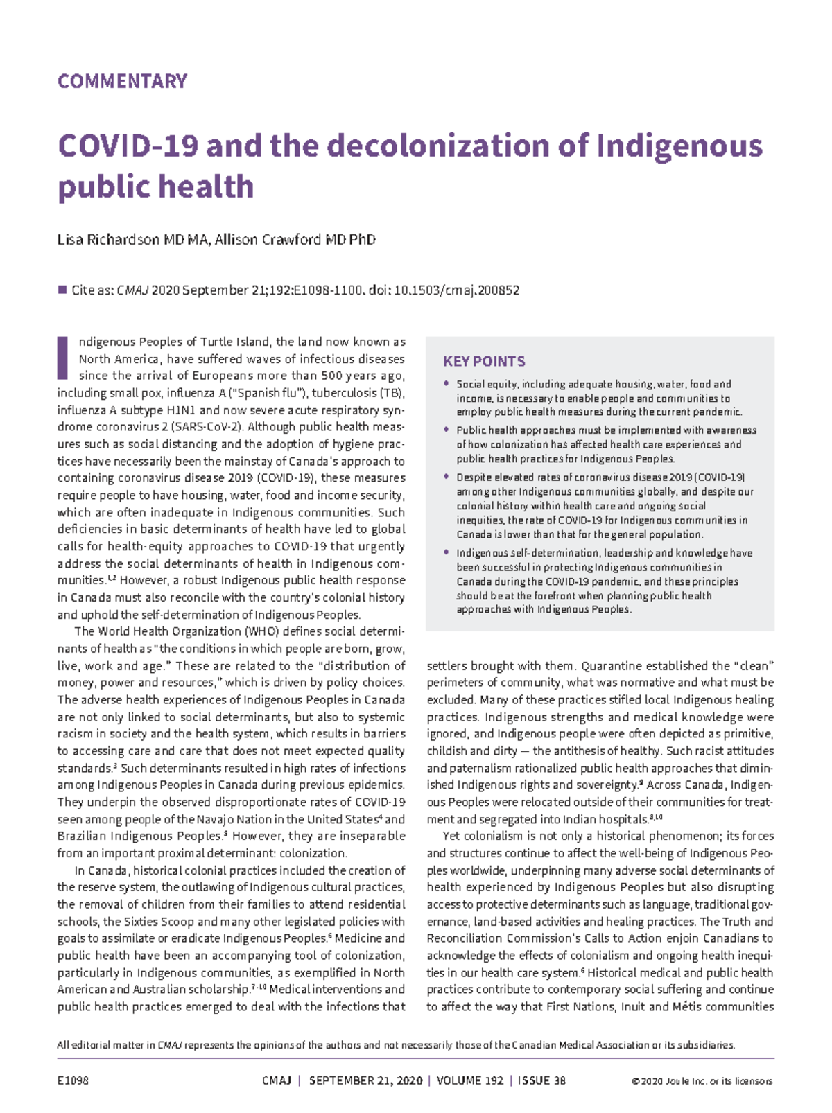 COMMENTARY: Decolonizing Indigenous Public Health in Canada (CMAJ 2020 ...