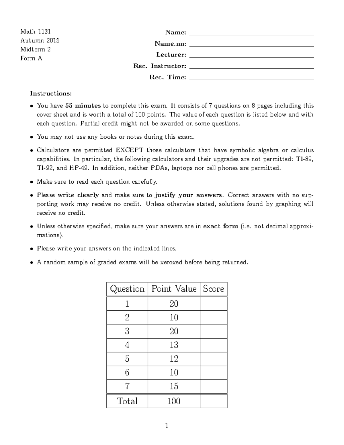Math 1131 AU15 Midterm 2 Exam Form A Practice Questions - Studocu