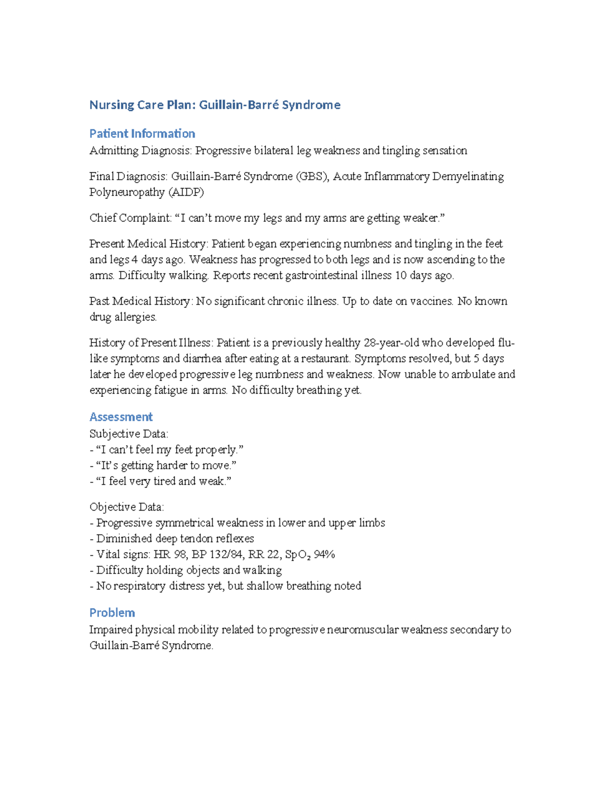 Nursing Care Plan for Guillain-Barré Syndrome (GBS) Management - Studocu