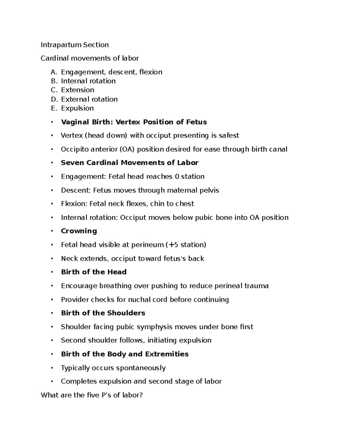 OB Exam 2 Study Guide: Intrapartum Cardinal Movements and Labor ...