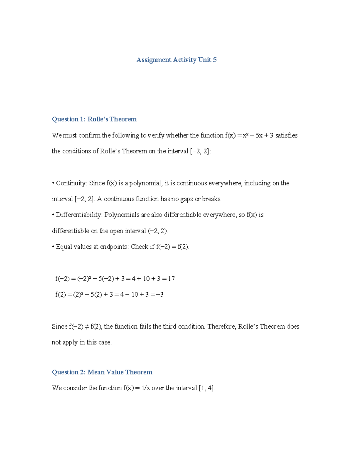 Assignment Activity Unit 5: Theorems, Continuity, and Limits - Studocu