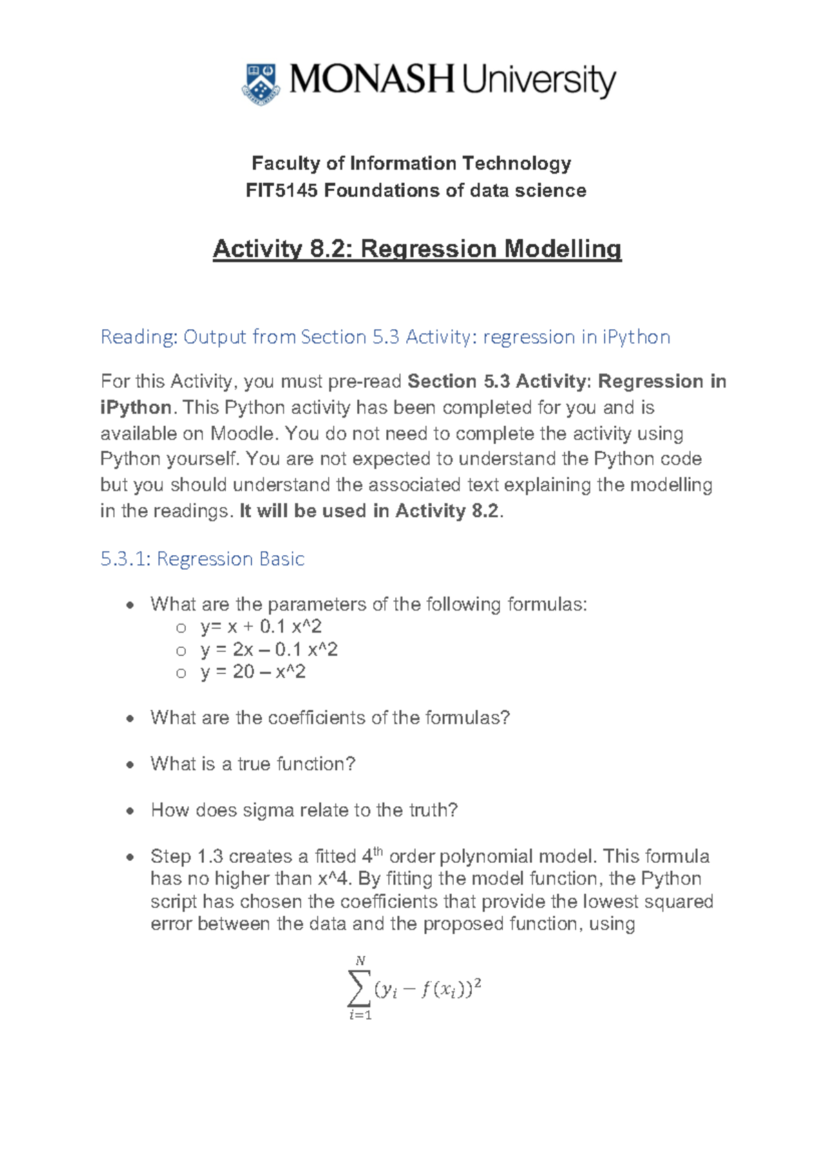 FIT5145 Activity 8.2: Regression Modelling Insights and Analysis - Studocu
