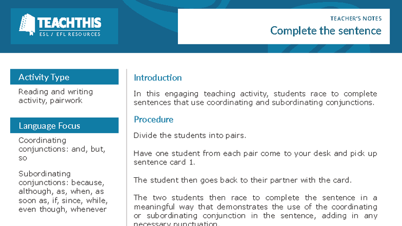ESL EFL Activity: Complete the Sentence Practice 1 - Studocu