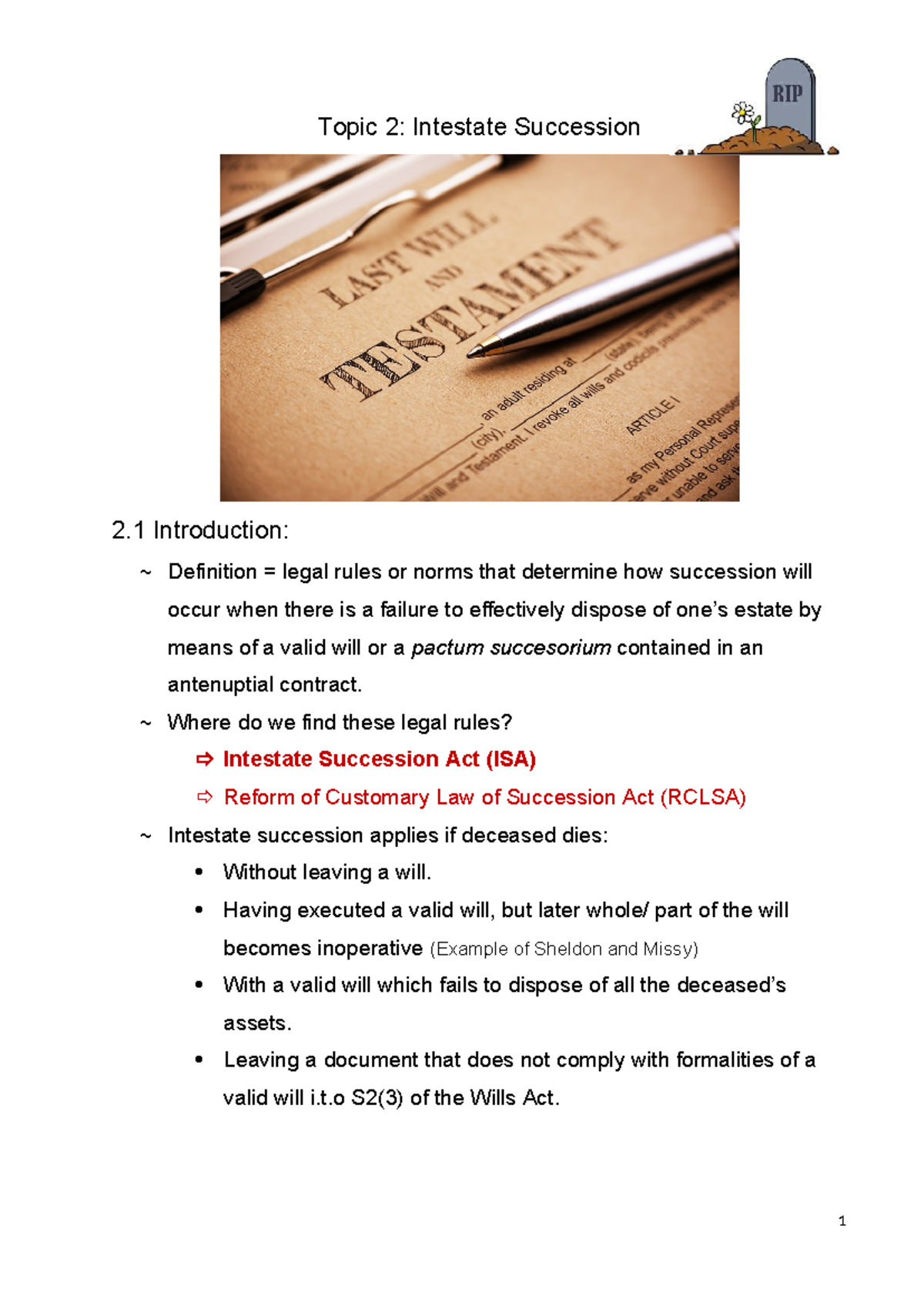Topic 2: Intestate Succession - Legal Framework and Key Concepts - Studocu