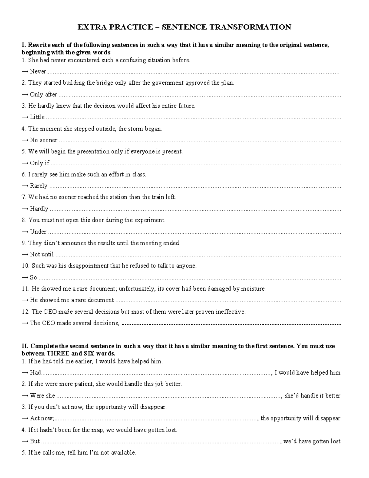 EXTRA PRACTICE: SENTENCE TRANSFORMATION I & II - Studocu