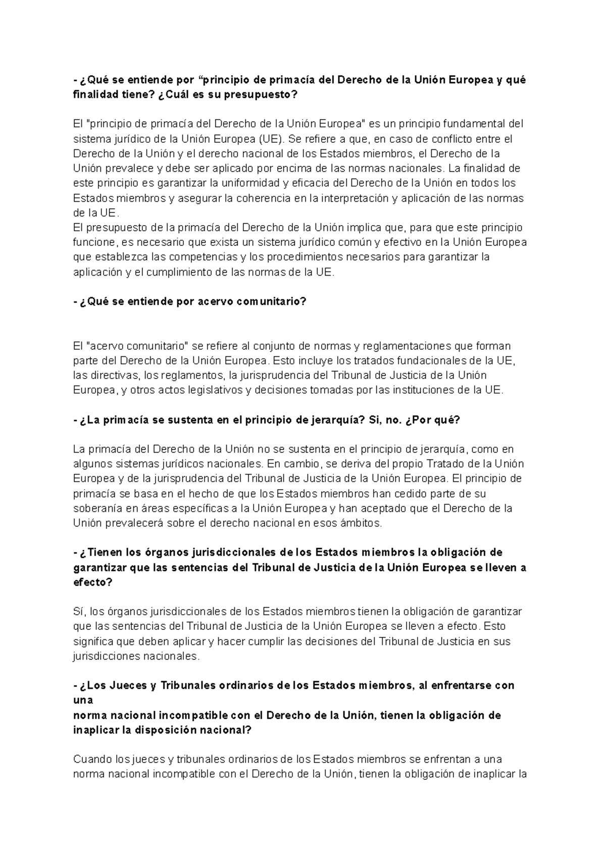 Principio de Primacía del Derecho en la Unión Europea - UE 2023 - Studocu