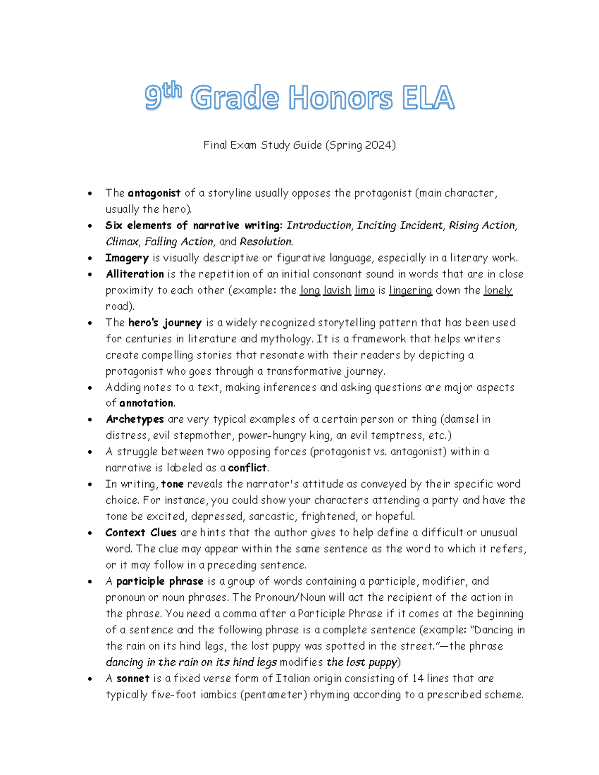 Final Exam Study Guide for 9th Grade Honors ELA - Spring 2024 - Final ...