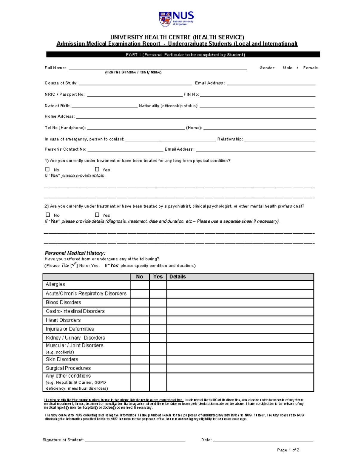 NUS Admission Medical Examination Report for Undergraduates - Studocu
