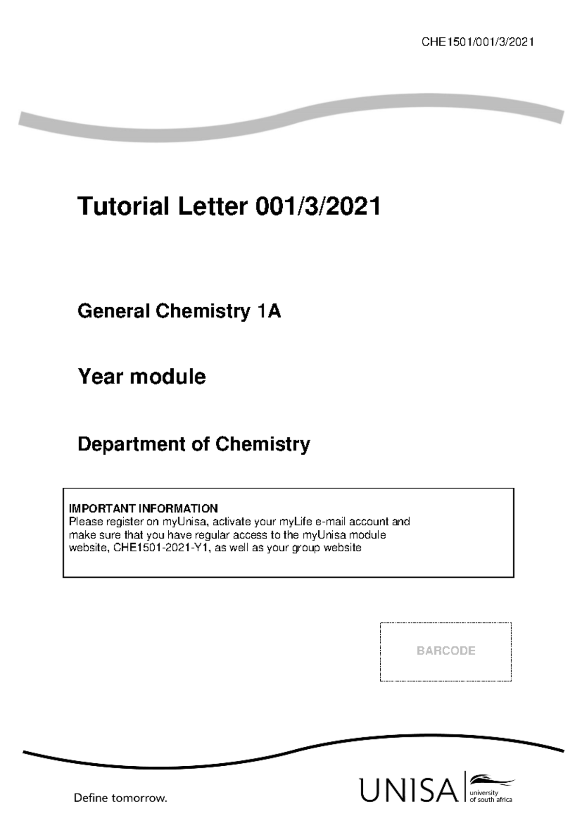 CHE1501 2021 TL 001 0 B - Tutorial letter - CHE 1501 /001/3/ Tutorial ...
